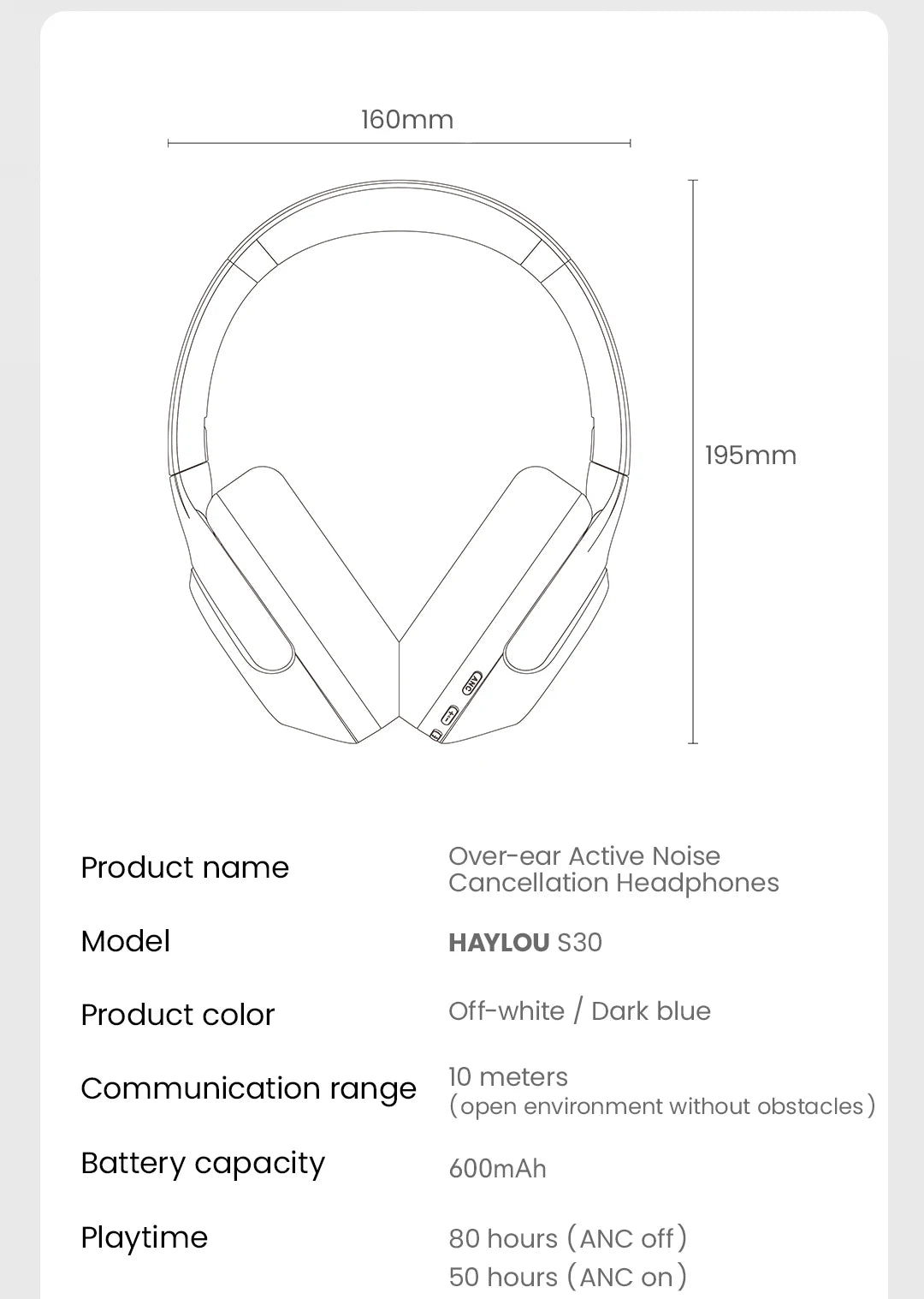 HAYLOU S30 Wireless Bluetooth 5.4 Headphones 43dB Adaptive Noise Cancelling Headsets 40mm Driver 80H Playtime Earphones