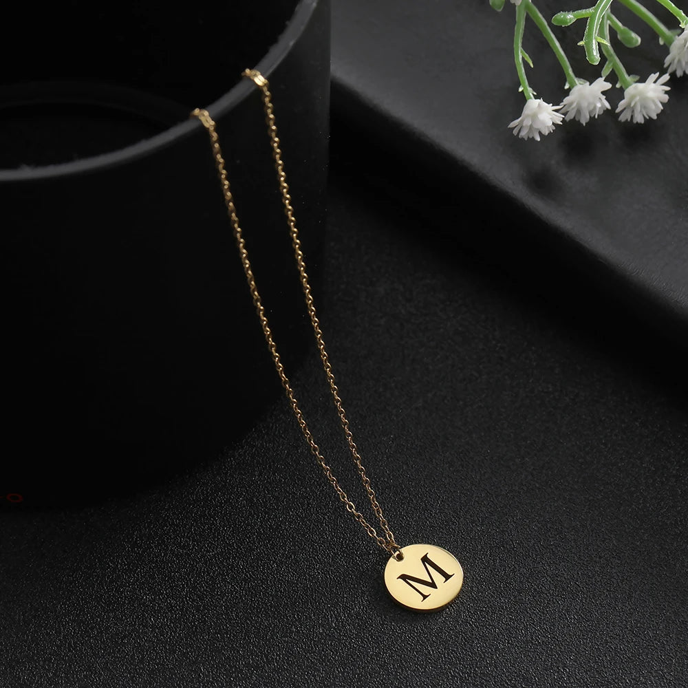 Amaxer Stainless Steel Necklace Fashion Gold Color Initial Charms Metal Round A To Z Letters For Women Single Name Jewelry Gifts