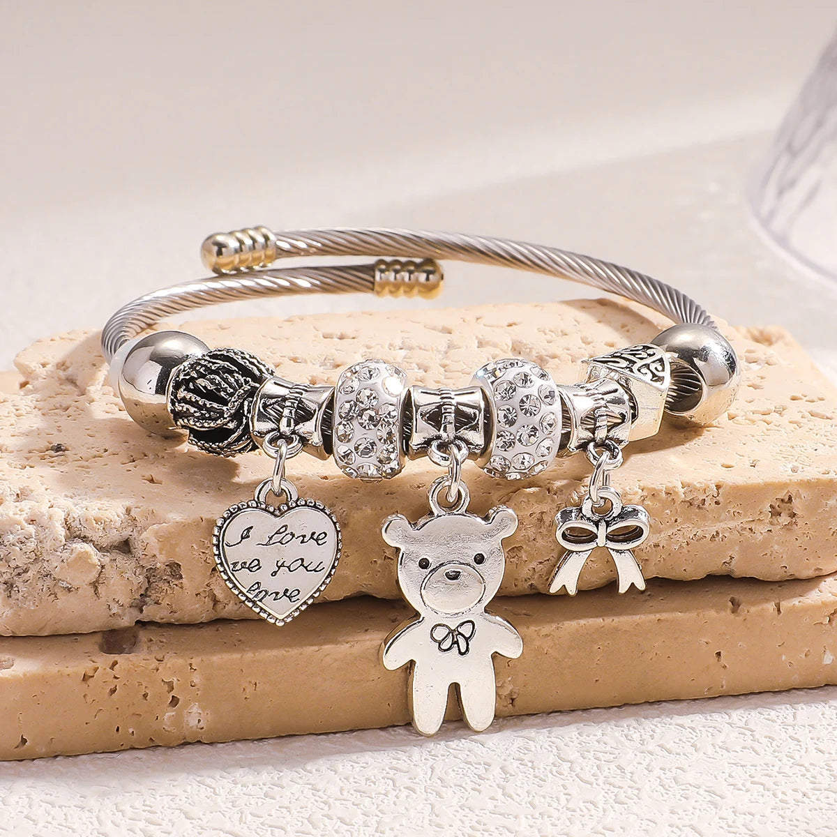 1PC Women's Fashion  Multi Element Stainless Steel DIY Teddy Bear Bead Bracelet Date Banquet Party Festival Dressing Gift