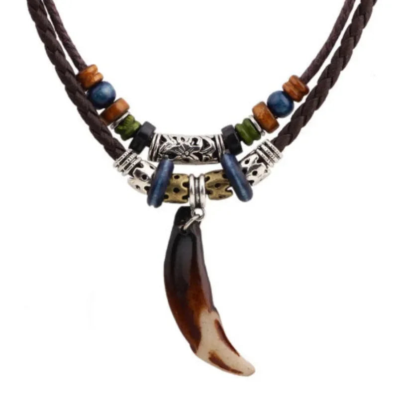 Fashion Men Women's Goth Multi-layer Vintage Wolf Tooth Pendant Leather Beaded Weaved Prayer Necklace Fashion Jewelry Necklaces