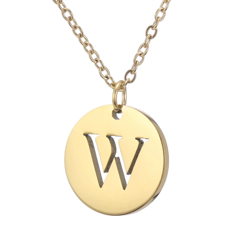 Amaxer Stainless Steel Necklace Fashion Gold Color Initial Charms Metal Round A To Z Letters For Women Single Name Jewelry Gifts