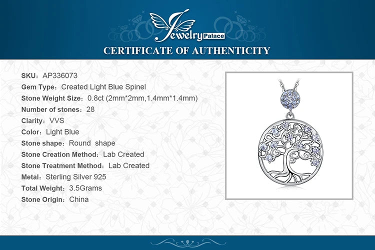 JewelryPalace Life Tree Created Blue Spinel 925 Sterling Silver Pendant Necklace Fashion Statement Gemstone Choker Without Chain