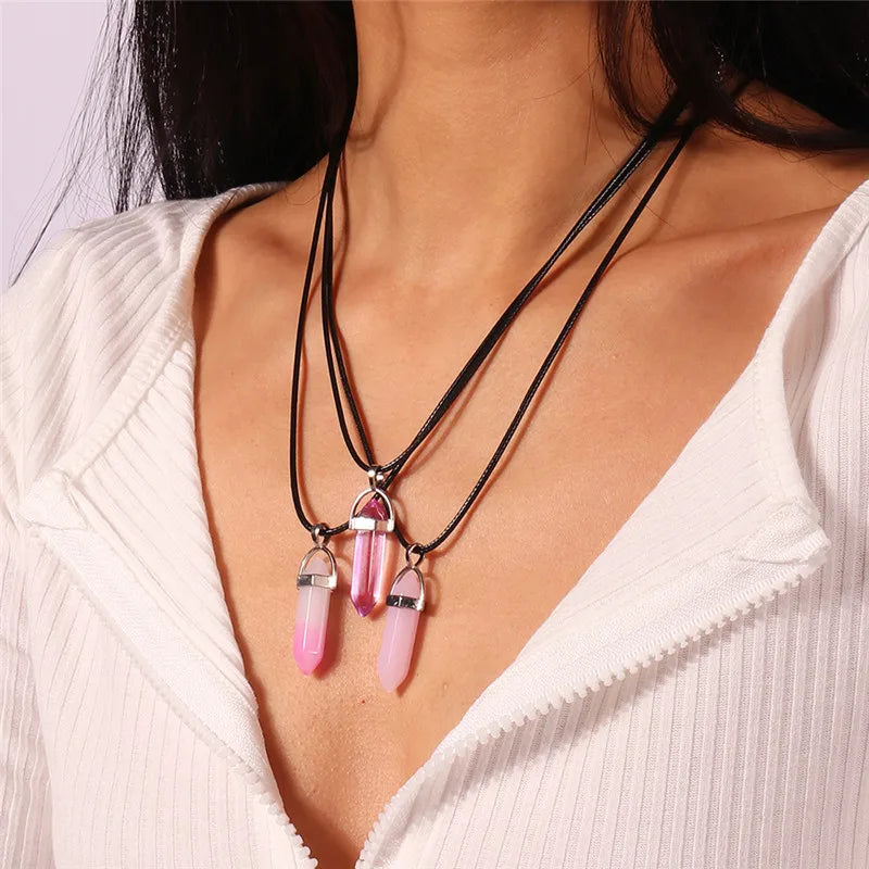 Natural Stone Quartz Lapis Opal Amethyst Pink Crystal Stone Hexagonal Column Pendant Necklaces Leather Chain Bullet Necklace