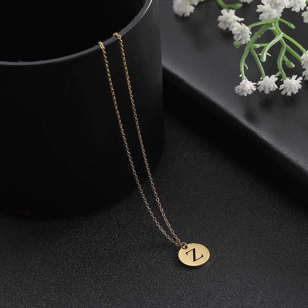 Amaxer Stainless Steel Necklace Fashion Gold Color Initial Charms Metal Round A To Z Letters For Women Single Name Jewelry Gifts