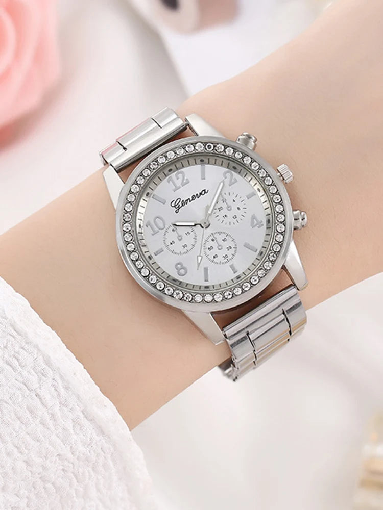 WOMEN'S Quartz Steel Band Watch + necklace + earrings + ring bracelet