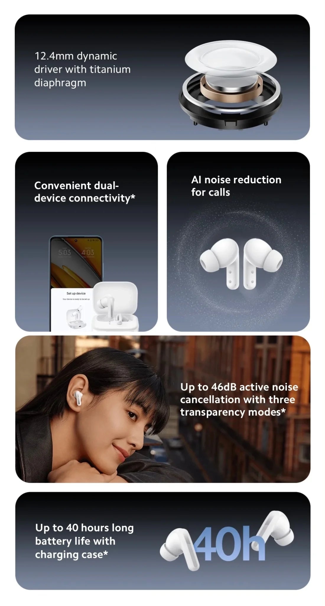 Xiaomi Redmi Buds 5 Earphone 46dB Active Noise Cancellation Bluetooth 5.3 TWS ANC Headset 40h Long Battery Life Touch Control