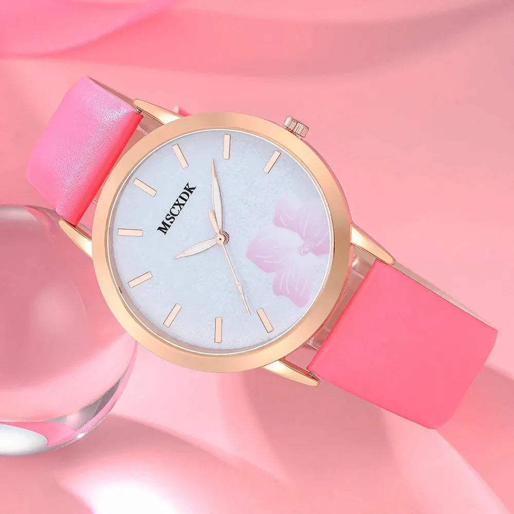 Women Pink Watch & Glasses Set Fashion Female Casual Leather Belt Watches Ladies Quartz Wristwatches Dress Clock Montre Femme