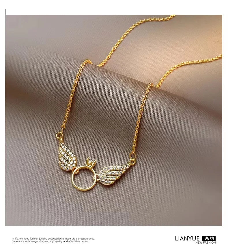 AU750 zircon small wings 999 24K real gold circle pendant necklace for women Instagram niche collarbone necklace