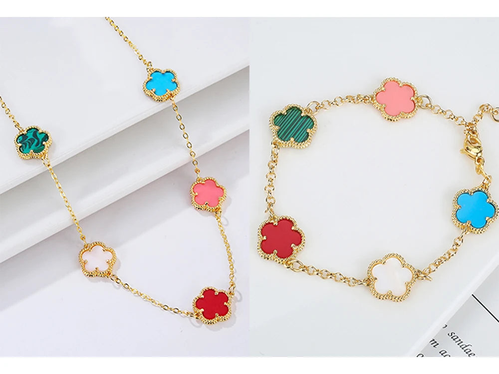 2024 Hot Sale 10 Colors Five-Leaf Flower Set Bracelet Necklace Classic Simple Women Jewelry Set Suitable For Daily Party Wear