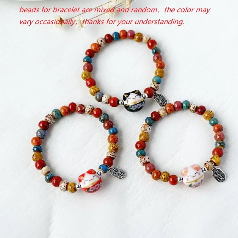 Cute Lucky Cat Bracelet For Girls Adjustable Colorful Beaded Bracelets Harajuku Ceramics Cat Pendant Charm Bracelets Jewelry