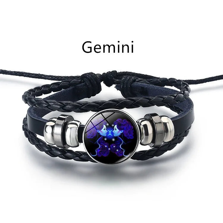 12 Constellation Zodiac Sign Black Braided Leather Bracelet Cancer Leo Virgo Libra Woven Glass Dome Jewelry Punk Men Bracelet