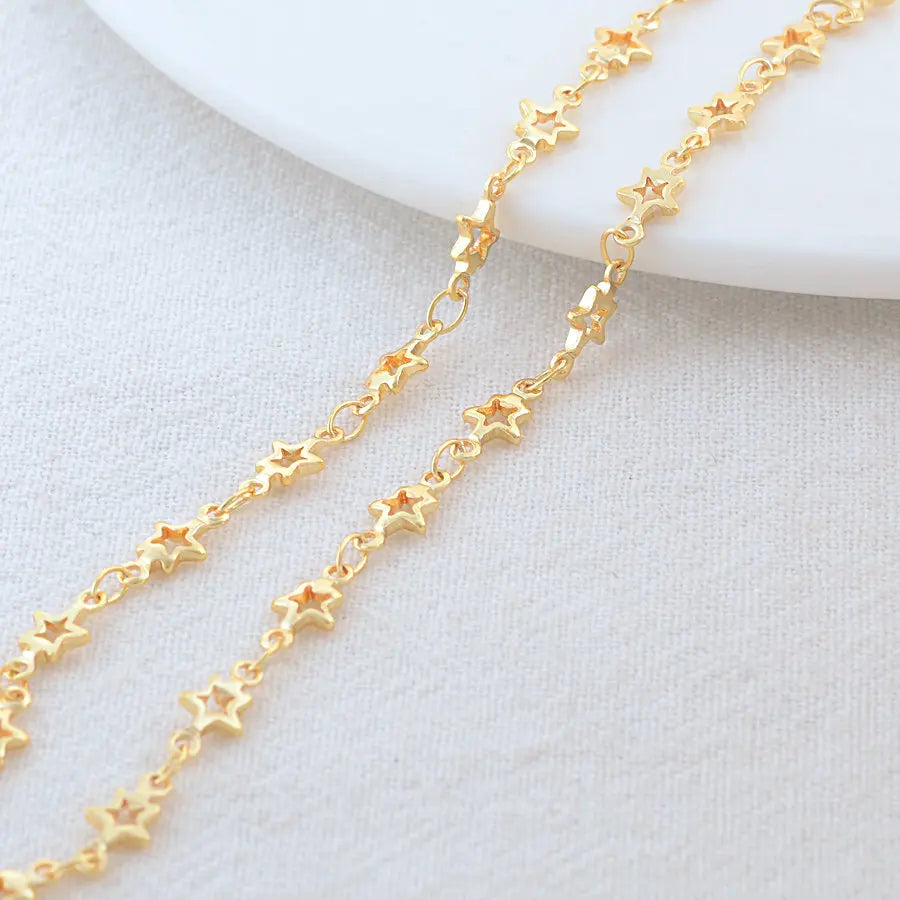 14K Gold Color Plated Brass Round Star Link Chains Necklace Chains High Quality Jewelry Accessories