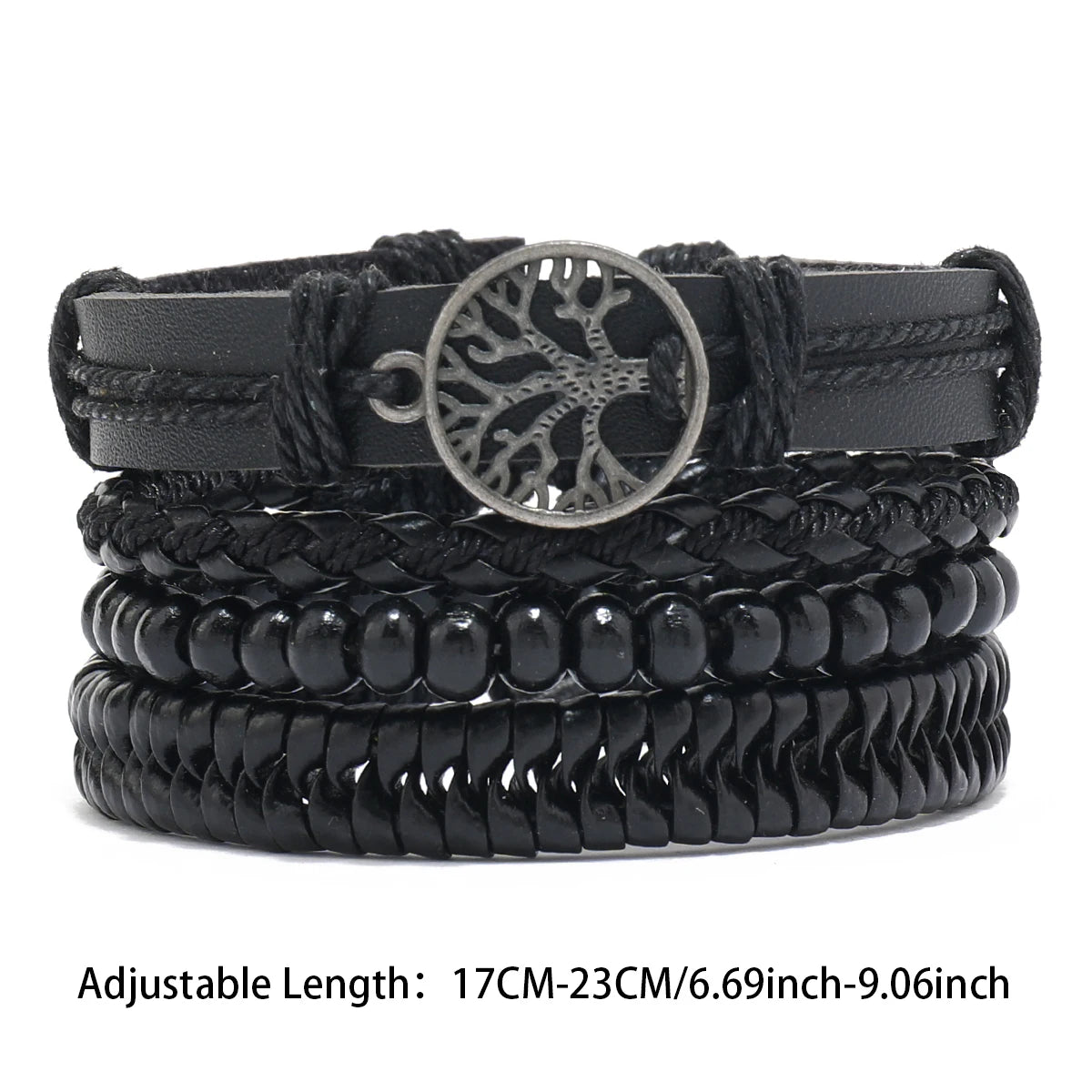 Leather Braclet Men Tree of Life PU Leather Black Bracelet Wood Beads Multi layer Woven Bracelet Pull Cord Bracelet Jewelry