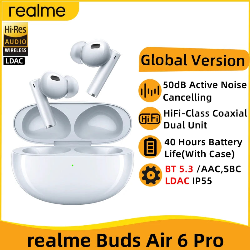 Global Version realme Buds Air 6 Pro TWS Earphone 50dB Active Noise Cancelling TWS Earphone LDAC IP55 40 Hours Battery Life