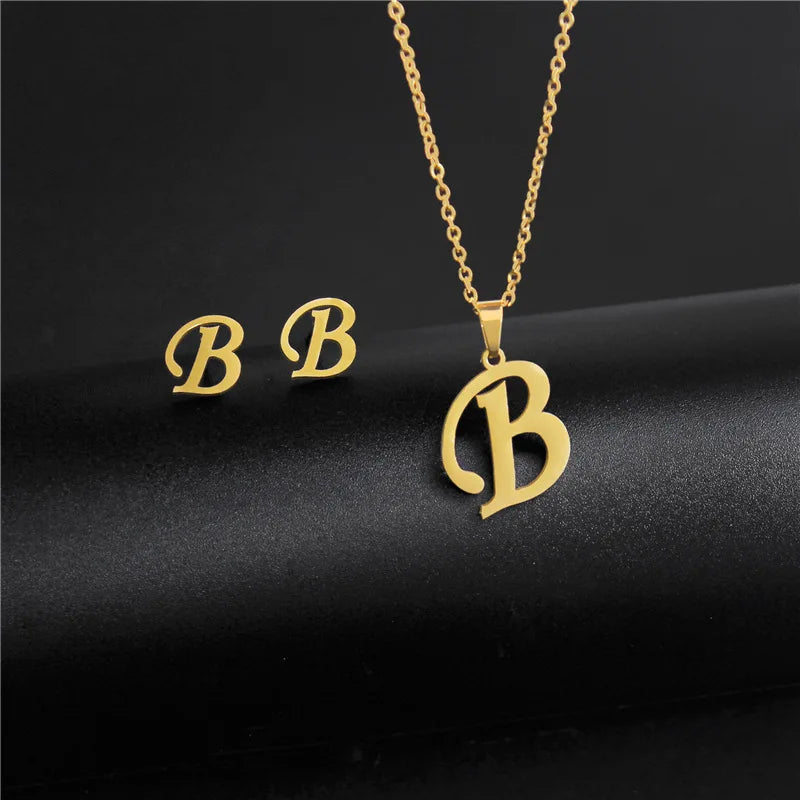 New Simple Gold Color A-Z 26 Letters Initial Pendant Necklace Set for Women Couple Stainless Steel Alphabet Name Chain Choker