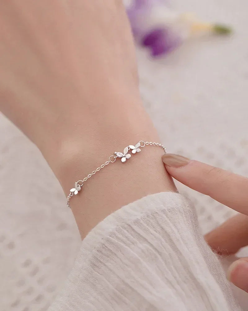 925 Sterling Silver Diamond-Studded Butterfly Bracelet Women's Fashion Jewelry Temperament Flower Adjustable Bracelet