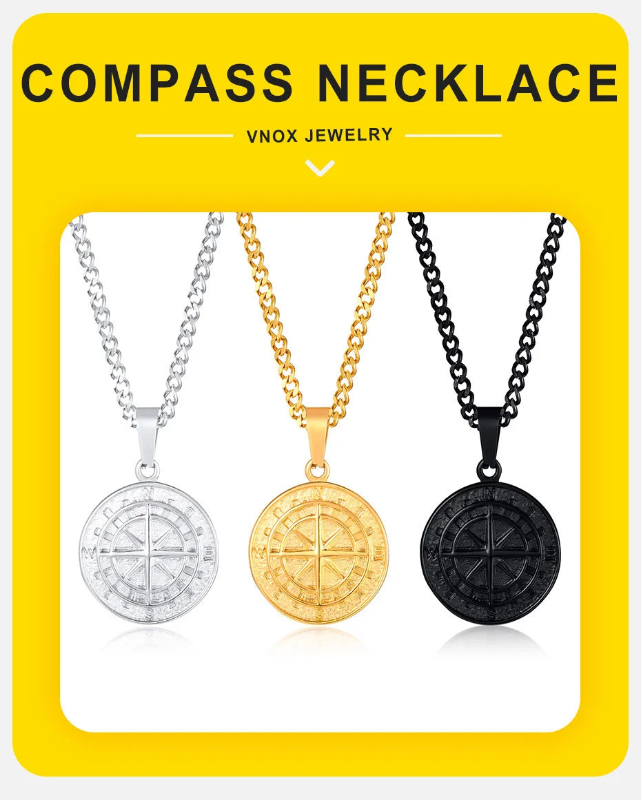 Vnox Layered Necklaces for Men, Sailing Travel Compass Pendant, Stainless Steel Cuban Figaro Wheat Chain, Casual Retro Collar