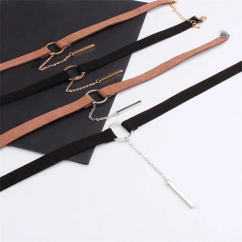 Fahion Wide Black Brown Leather Choker Necklace Gold Silver Long Chain Bar Pendant Collar for Women Girls