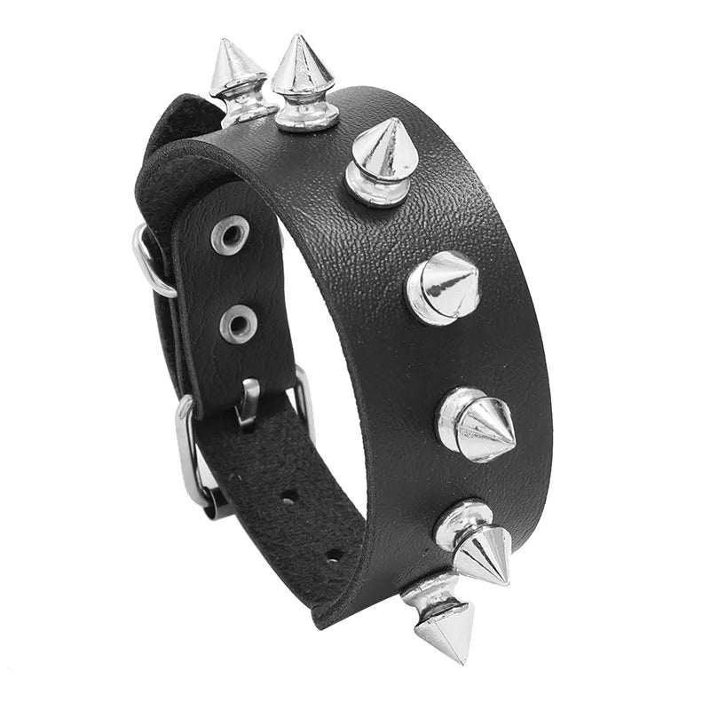 DIEZI Personality Hip Hop Men Spiked Rock Bracelet Bangle Women Vintage Punk Cosplay Black PU Leather Wrap Bracelet New Jewelry