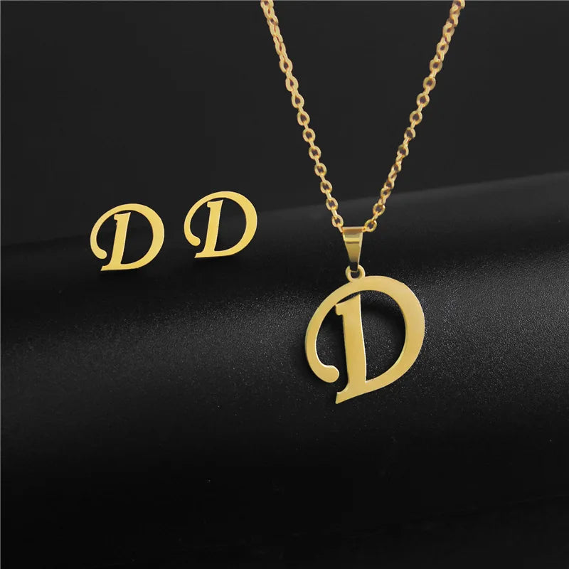 New Simple Gold Color A-Z 26 Letters Initial Pendant Necklace Set for Women Couple Stainless Steel Alphabet Name Chain Choker