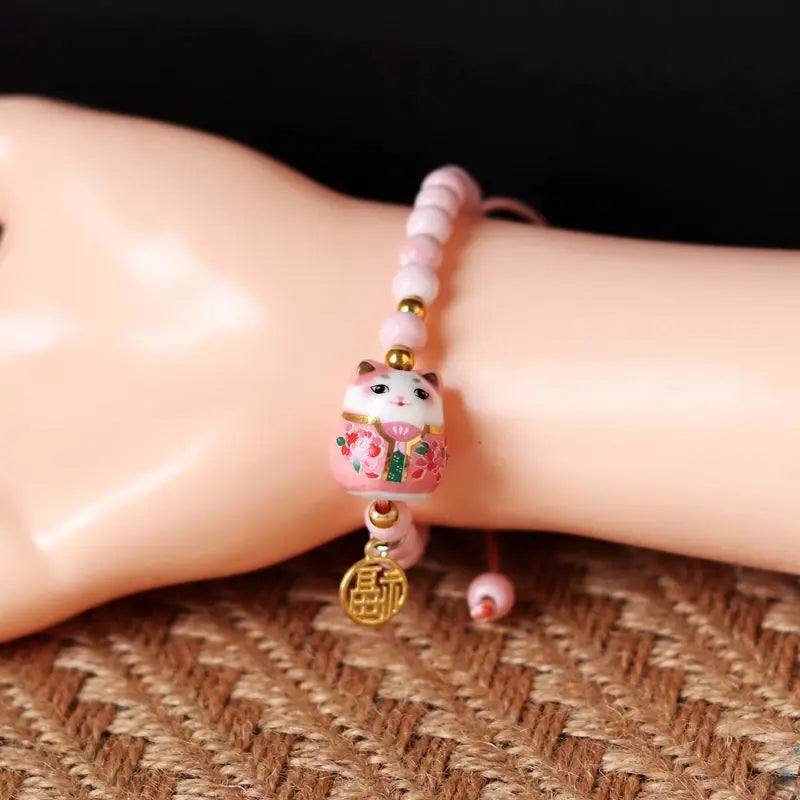 Cute Lucky Cat Bracelet For Girls Adjustable Colorful Beaded Bracelets Harajuku Ceramics Cat Pendant Charm Bracelets Jewelry