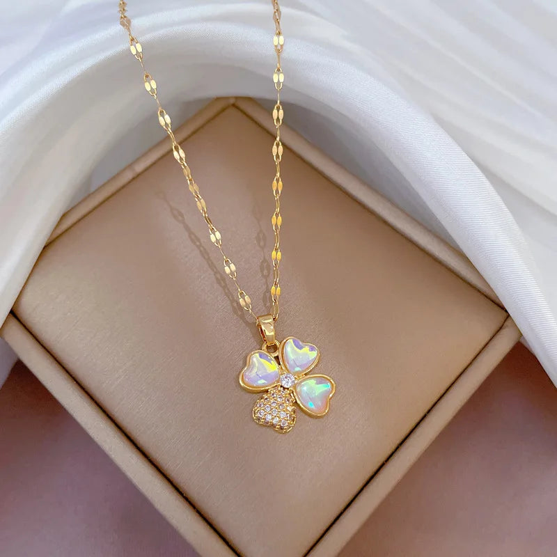 OIMG Stainless Steel Multiple Styles New Design Heart Flower Zircon Pendant Necklace for Women Girls Elegant Luxury Jewelry