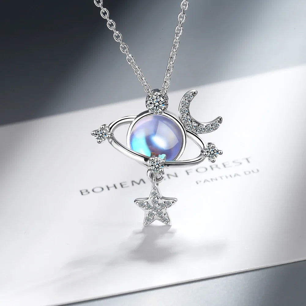 S925 Sterling Silver Gradient Moonstone Star Moon Universe Diamond Zircon Women's Clavicle Pendant Necklace (40cm+3.5cm)