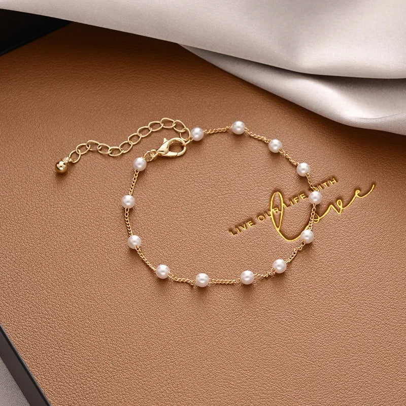 1PCS Fashion Korean Style Pearl Heart Pendant Bracelet Woman Simple Vintage Stainless Steel Chain Bracelet Jewelry Accessories