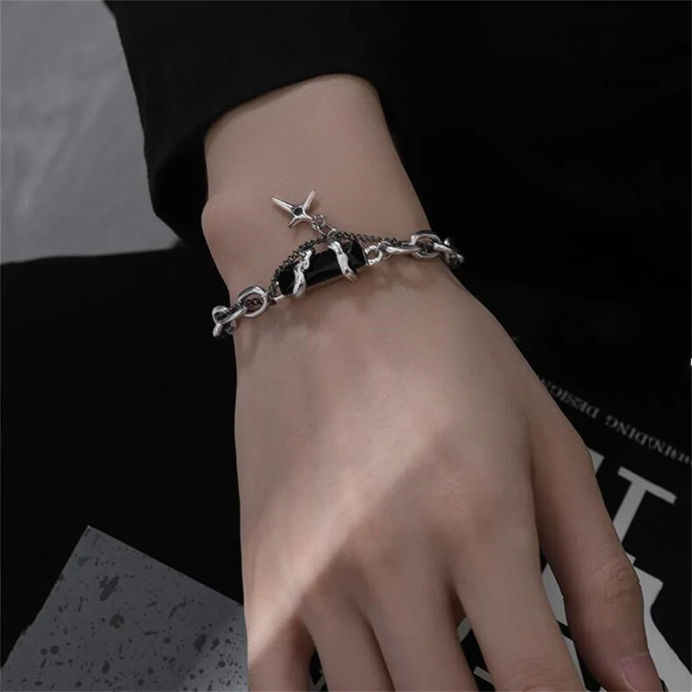 2024 Retro Black Zircon Star Bracelet For Women Men Trend Titanium Steel Punk Nk Chain Unisex Jewelry New Couple Accessories