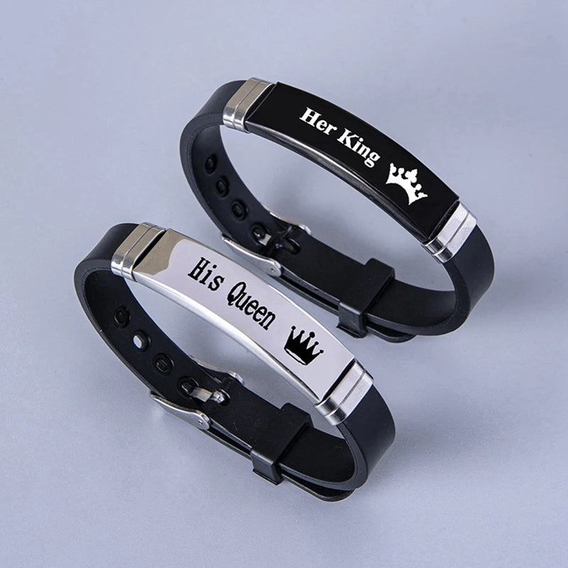 2 Pcs/Set Stainless Steel Crown Her King His Queen Trendy Sport Silicone Couple Bracelet Bangle Unisex Lover Bracelets Gift