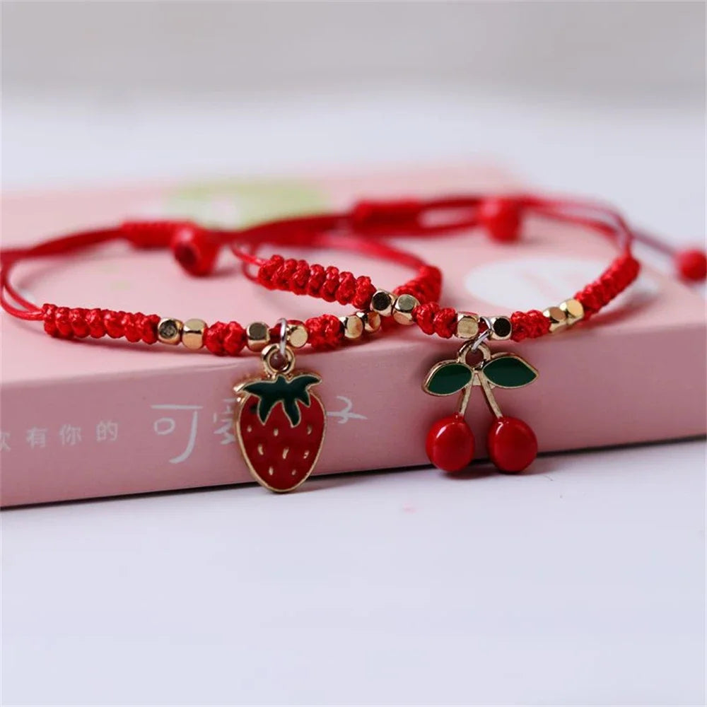 Sweet Strawberry Cherry Braided Hand-string DIY Adjustable Red Rope Bracelets For Girls Fashion Accessories Gifts Jewelry