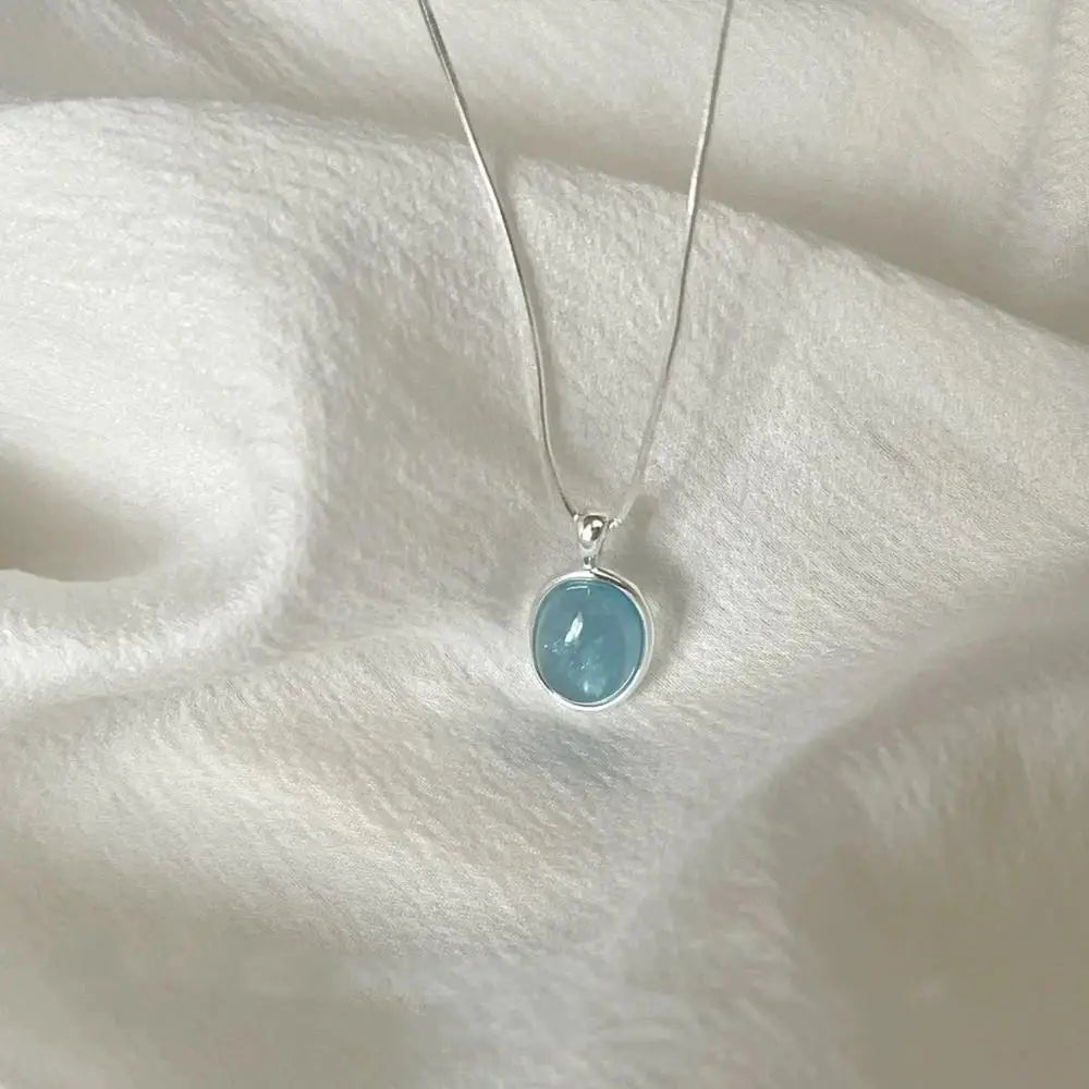 Silver Color Oval Aquamarine Pendant Necklace Ladies Girls Luxury Snake Chain Necklace Fashion Jewelry Gifts For Women 2024 New