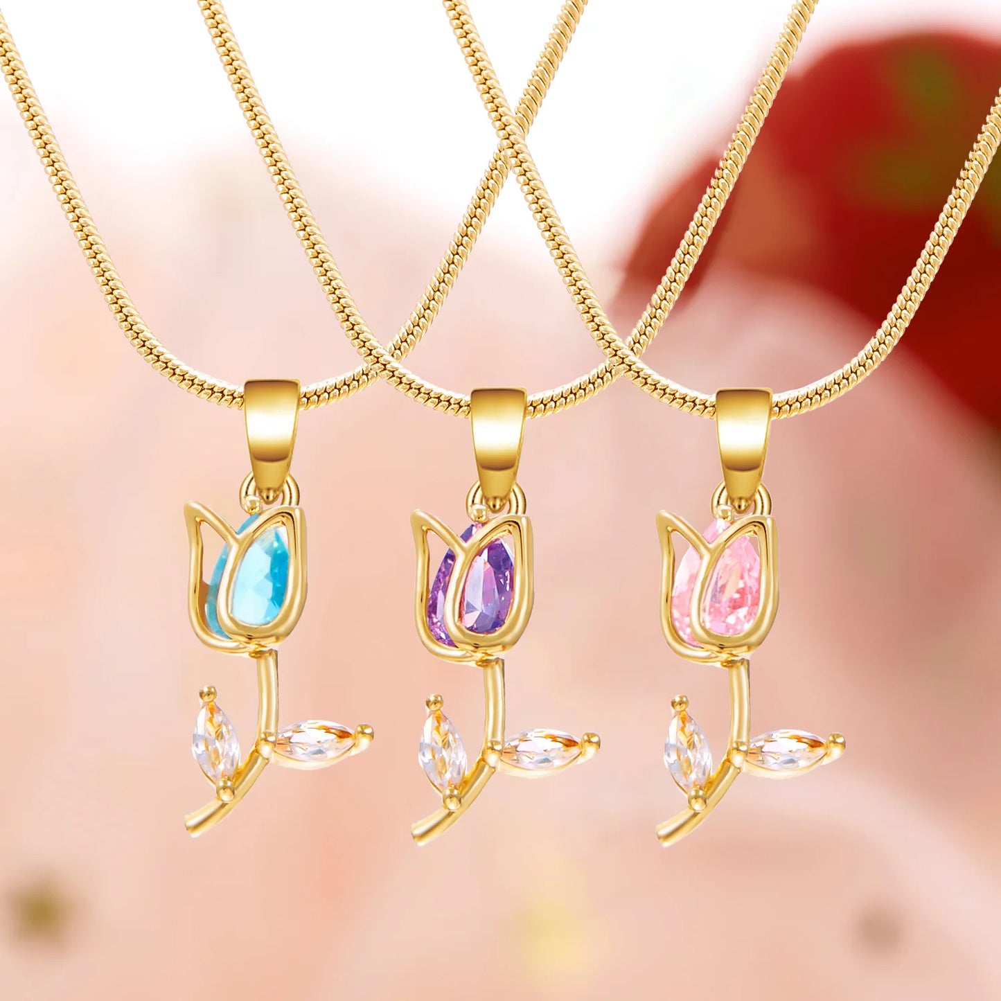 Light Luxury Zircon Tulip Flower Pendant Necklace for Women Elegant Stainless Steel Clavicle Chain Fashion Party Jewelry Gift