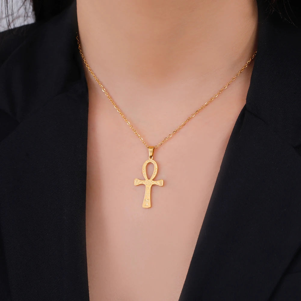 Lucktune Ankh Cross Egyptian Amulet Necklace Stainless Steel Key of Life Symbol Crucifix Pendant Necklace Women Religion Jewelry