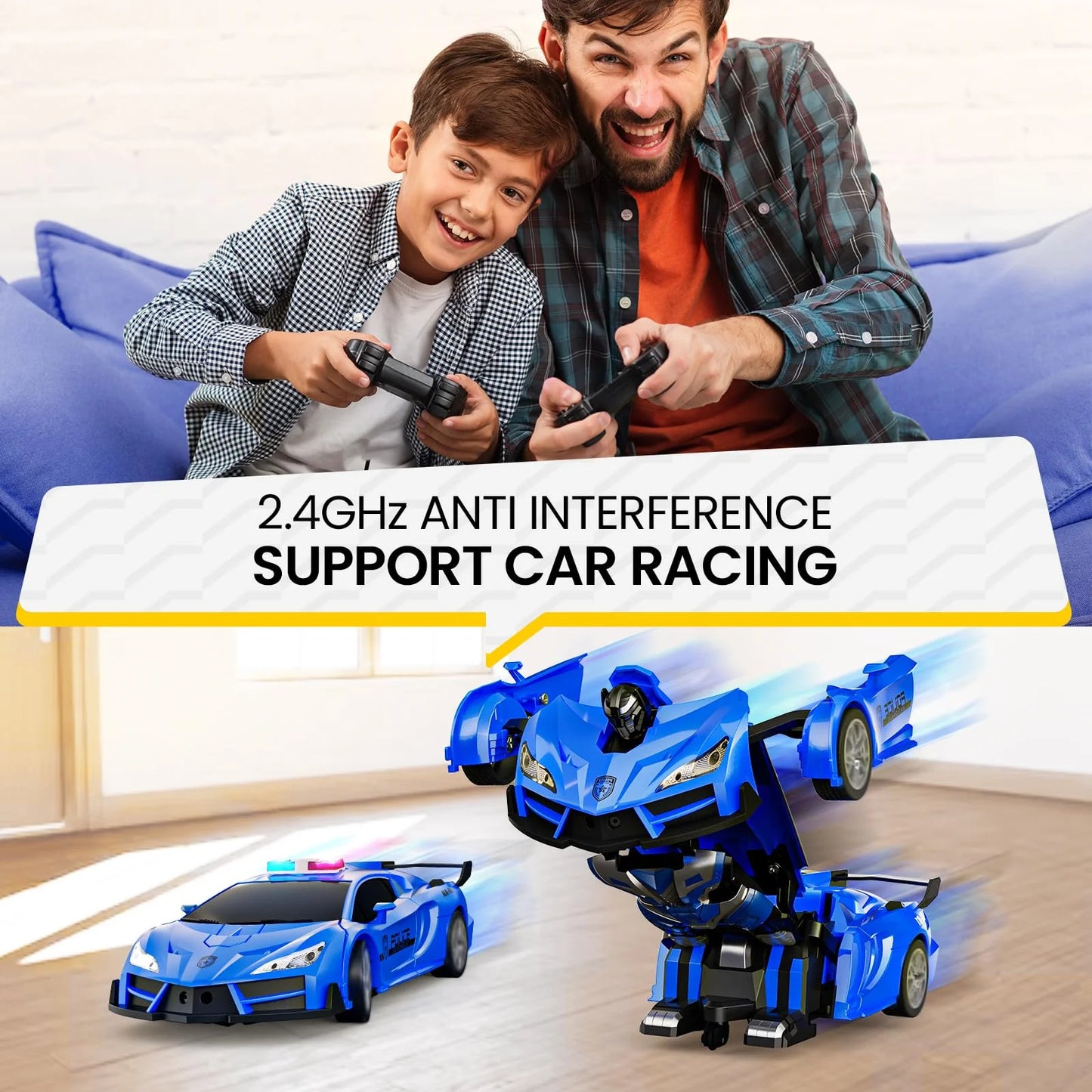 Sinovan Remote Control Police Car Toy Gesture Sensing with LED Light 2.4GHz One Button Transformation Robot RC Cars for Kids